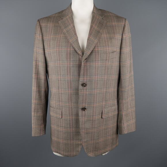 ISAIA Size 46 Long Brown Plaid Wool Notch Lapel Sport Coat - Picture 1 of 10